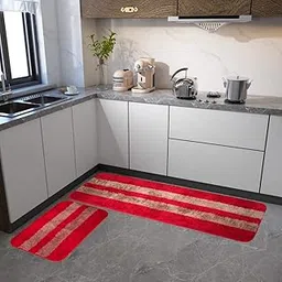Kitchen Floor Mat Set, Grey Microfibre, 2-Piece L-Shaped Anti-Slip Rugs for Kitchen (RED STRIIPES, Large, Plaid)-picture-24