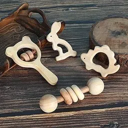 Babbles Neem Wood Teethers for Babies | Wooden Teethers for 6 to 12 Months Baby | Natural and Antibacteria (Rabbit+Turtle+Dumbbell+Micky) image 1