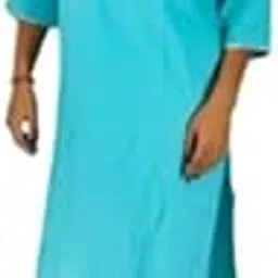 Women's Turquoise Cotton Kurta Set with Embroidered Yoke, 3/4 Sleeve Straight Fit Kurti with Pants-picture-10
