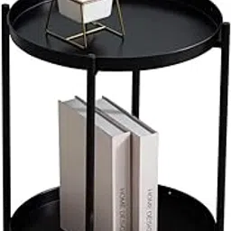 New Mark Impex Side Table, 2-Tier Round Tray Table, Steel, Night Table, Easy Assembly, Cafe Table, (Black, Metal)-picture-27