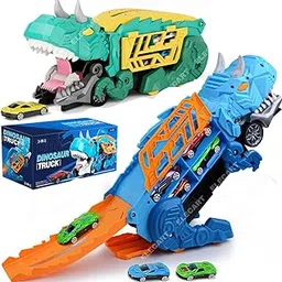 Dinosaur Transporter Truck with 2 Die- Cast Vehicles Dino Car Carrier with 2 Die-Cast Vehicles & Racing Track Storage | Devouring Dino Car Toy Gift for Kids Boys Girls (Pack 1 Random Colour)-picture-31