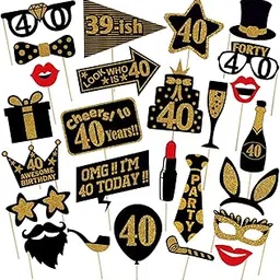 Zyozique 40th Birthday Party Photo Booth Props (26 Count) for Her Him 40th Birthday Gold and Black Decorations, Big 40 Birthday Party Supplies for Men and Women-picture-28