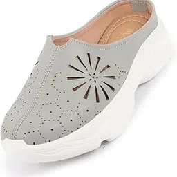 fausto Women's Laser Cut Stitched Breathable Back Open Slip On Mules Shoes-picture-11