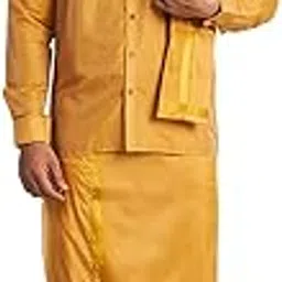 uathayam Vriksham Matching Full Sleeve Shirt with Double Layered Dhoti & Towal | 3-in-1 Premium Art Silk & Cotton Blend Traditional Wedding Set for Men (Pack of 1)-picture-28