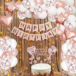 Party Propz Birthday Decoration Items For Girl-53Pcs|Rose Gold Happy Birthday Decoration Items Kit|Rose Gold Foil|Metallic Balloons For Decoration With Cake Toppers|Decoration Items With Lights-image-72