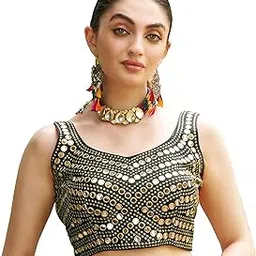 pujia mills Women's Embroidery Work Real Mirror Sleeveless Readymade Blouse-picture-24
