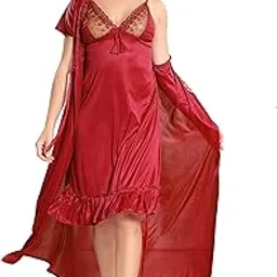 reposey Women's Satin Solid Maxi Length Nighty with Robe (Free Size) (Pack of 2)-picture-46