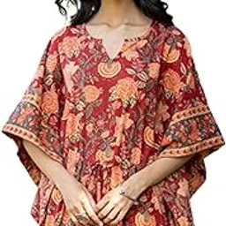 navyas fashion Women's Pure Cotton Full Length Kaftan Dress, Notched Neck, Drawstring with Tassels at Waist, 2 Side Slits, Floral Print, Bohemian Style (Large)-picture-41