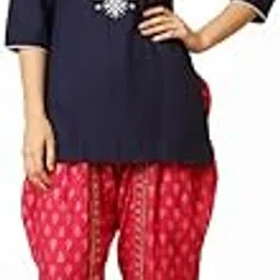 urban kanya Cotton Kurti and Dhoti Set, Navy Blue with White Embroidery, Red Dhoti Pants, Three-Quarter Sleeves, Regular Fit Traditional Ethnic Wear-picture-12