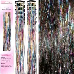 VIEWS 2Pcs Hair Tinsel Clip in Hair Tinsel Clips Glitter Tinsel Hair Extensions Clip in Hair Tinsel Fairy Hair Tinsel Heat Resistant Sparkly Hair Accessories for Girls Women (2Pcs Rainbow)-image-17