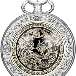 afcrho Pocket Watch for Men Women Silver Dragon and Phoenix Quartz Pocket Watches with Chain-picture-37