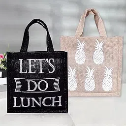 Kuber Industries Lunch Bag | Jute Carry Bag | Lunch Handbag | Lunch Bags for office | Reusable Lunch Bag with Handle | Tiffin Carry Hand Bag | Small | Pack of 2 | Multi-picture-22