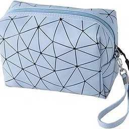 House of Quirk Travel Makeup Bag Cosmetic Bag Portable Waterproof Soft Pu Leather Zipper Pouch, Geometric Toiletry Bag Storage Bag, Great Gift For Gift For Women And Girls (Light Blue, 13 Cm, L)-picture-39