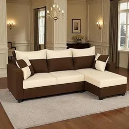 FURNY Arissa 4 Seater Fabric RHS L Shape Sofa Set with Exta Cushions (Cream-Dark Brown) | Premium Velvet Finish | Ideal of Living Room-picture-10