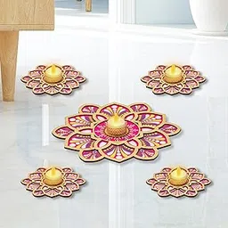 PARV MDF Tea Light Candle Holder - 6 Inch & 10 Inch Magenta Floral Design, Pack of 5 with LED Tealights, Festive Decor, Diwali Decoration for Home, Candles & Holders, Diyas, Pooja Decoration Items-image-15