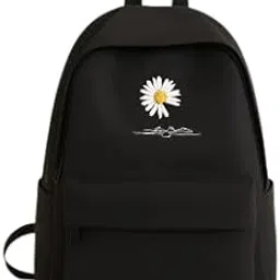 Daisy Print Canvas Backpack, Black School Bag with Front Pocket, Casual Daypack-image-87
