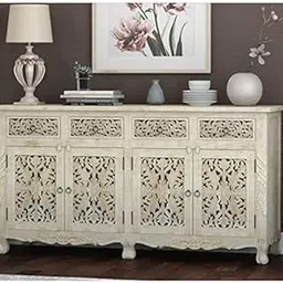 Vintage Hand-Carved Wooden Sideboard 4-Door Solid Wood Storage Cabinet with Ornate Lattice Design, Distressed Grey Finish, Rustic Buffet Console for Living Room, Dining Room-picture-23