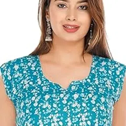 Women’s Teal Blue Ethnic Printed Anarkali Maxi Dress | Sleeveless Cotton Long Frock for Casual-picture-23