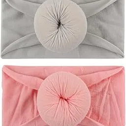 SYGA Pack Of 2 Baby Headbands Soft Cotton Strechable Turban Hairbands For Newborn Infant Toddlers Kids 0-3 Years (Pink-Grey)-picture-36