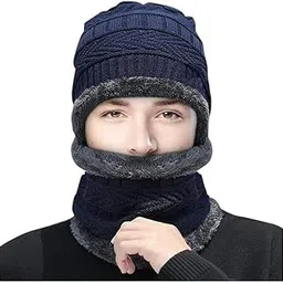 TWEENT ENTERPRISES Warm Knit Hats, Skull Cap with Neck Warmer Winter Wear Beanie Hats Scarf Set for Men and Women-image-0