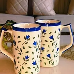 Niyara Handcrafted Beer Mug | Ceramic Blue Flower Design | Large Mugs for Beer, Cocktails & Drinks | 600 ML Each, Set of 2-picture-22