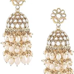zaveri pearls Gold Tone Kundan & Cluster Pearl Drop Traditional Jhumka Earring For Women-ZPFK16735-picture-49