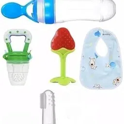 BabyGo Baby Food Dispensing Spoon Bottle 90ML 1pc, Fruit Feeder/Nibbler/Pacifier 1pc, Fruit Shape Teether 1pc, Finger Tooth Brush 1pc and Baby bib 1pc (Pack of 5) Multicolor-picture-10