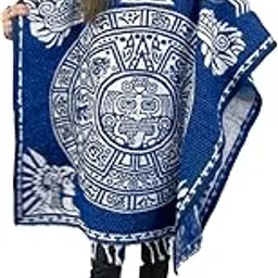 leos imports Traditional Reversible Mexican Poncho Gaban with Hoodie, Aztec Calendar Design Unisex One Size-picture-51