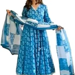 Women's Blue Floral Print Anarkali Dress with Pom Pom Trim, Long Sleeves, Cotton (in, Alpha, 2XL, Regular, Blue)-picture-18
