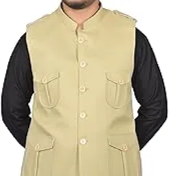 Asarwear Men's Military Style Nehru Collar Waistcoat, Beige Cotton Blend, 4 Utility Pockets, Regular Fit, Button Front Closure, Traditional Formal Wear-picture-54