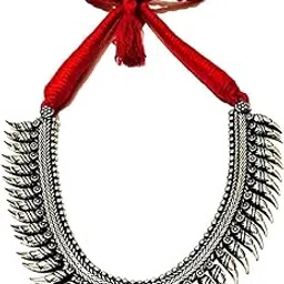 athz Necklace Rajasthani Antique Tribal statement chokers for women thread and oxidised jewelry (Curved Long Bead with Red Drawstring)-picture-28