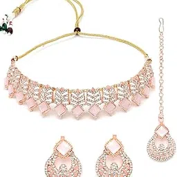 sukkhi Seaside Rose Gold Plated Pink AD Stones & Beads Choker Necklace Set With Earring And Maangtika | Jewellery Set For Women (NS105560)-picture-50