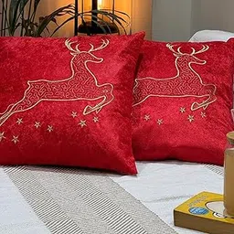 Maeri December Red Embroidered Reindeer Cushion | Christmas Decorative Throw Pillow | Festive Sofa, Bed & Living Room Cushion Cover – Single Piece (16 * 16 inches)-picture-30