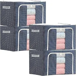 CLAPONE 4 Pcs 24 Liters Foldable Steel Frame Cloth Organizer for Storage/Wardrobe Organizer for Storage/almirah organizer for Sarees/Shirts/Blankets/Closet Storage Box with Handle -(Blue)-image-37