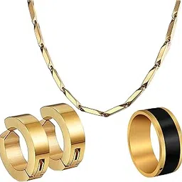 fashion frill Stainless Steel Golden Chain Magnet Earring And Gold Black Ring Combo Pack Of 3 For Men & Boys-picture-18
