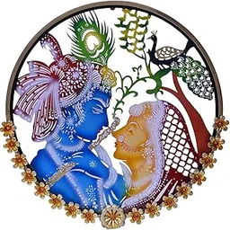 UNKAR EXPORTS INDIA | HandCraft | Wall Led Lemp Showpiece | Moden| Radhe Krishna Round Frame | Metal Unique Wall Sculptures | Home Decor | Office | Restaurant and for Gift Purposes 25'' Inch (Round Frame)-image-5