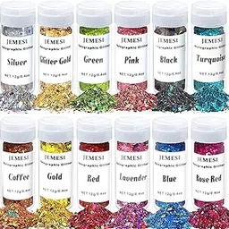 JEMESI 12 Colors Holographic Chunky Glitter, 144g Cosmetic Craft Glitter for Epoxy Resin, Nail Sequins Iridescent Flakes, Body, Face, Hair, Nail, Glitter Slime Making-picture-34