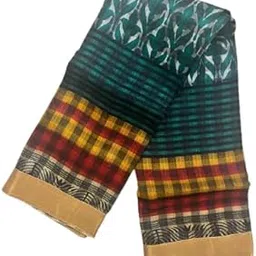 Cotton Saree with Traditional Design, Green, Red and yellow Checkered Pattern, Gold Border, Green and white floral design-image-98