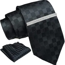 axlon Black Checkered Self Tie For Men – Formal Ties Set With Pocket Square & Tie Pin Clip For Mens, Silk Neckties Gift Sets For Men’s (AXNW10)-picture-19