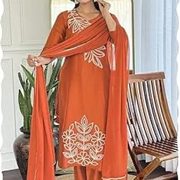 kedarfab Women's Cotton Blend Floral Embroidered Kurta Pant With Dupatta Set-picture-21