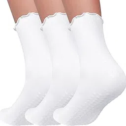 langthering 3 Pairs Pilates Socks with Grips Non Slip Ruffle Yoga Socks Grip Socks for Women-picture-39