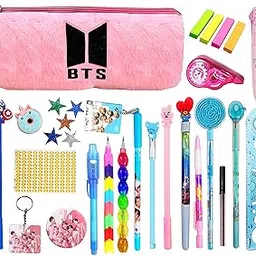 KOBBET® 22pcs BTS Stationery Return Gift Set for Girls, BTS Fur Pouch with All BTS pen Pencil Eraser Highlighter Jumbo Pack Stationery Set for Girls Party Favor Return Gift Set for Kids Pink Fur Pouch-picture-19