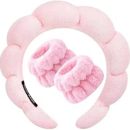 EMERCED Spa Headband Wristband for Women Girls Face Washing, Facial Skincare Headband Sunflower Sponge Makeup Hairband Wrist Washband Combo Set - Pink-image-94