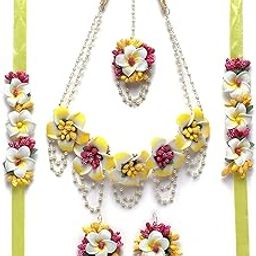 zeneme Pink-Yellow Floral White Pearls Beaded Haldi & Mehendi Necklace With Earrings, Maang Tikka & Haathphool Jewellery Set For Girls and Women-picture-20
