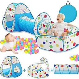 BabyGo Portable Kids 3-in-1 Colorful Dotted Theme Tunnel Playhouse Ball Pool Ball Pit Tent Summer Indoor Outdoor Play Fun Toy (Balls not Included, Blue) image 1