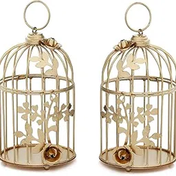 Sanvatsar Gold Color Metal Bird cage Tealight Candle Holder with Flower Vine for Home Décor-picture-27