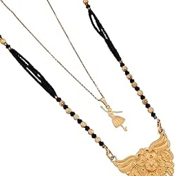 Women's Gold-Plated Long Mangalsutra with a Detailed Winged Floral Pendant and Black Beaded Chain, Paired with a Dainty Adjustable Charm Necklace for a Layered and Elegant Look-MD-133-image-62