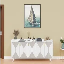 Sideboard in White Finish, Modern Storage Cabinet with Geometric Pattern Design-picture-32