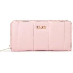 kleio Quilted PU Leather Bi Fold Zip Closure Multi Pockets and Slots Clutch Wallet for Women Ladies(HO5020KL-PI)(Pink)-picture-12