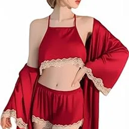 ledelav Women's Satin Silk Lingerie Set with Robe | Lace Trim Camisole Top & Shorts Nightwear | 3 Piece Sleepwear Babydoll Set-picture-24